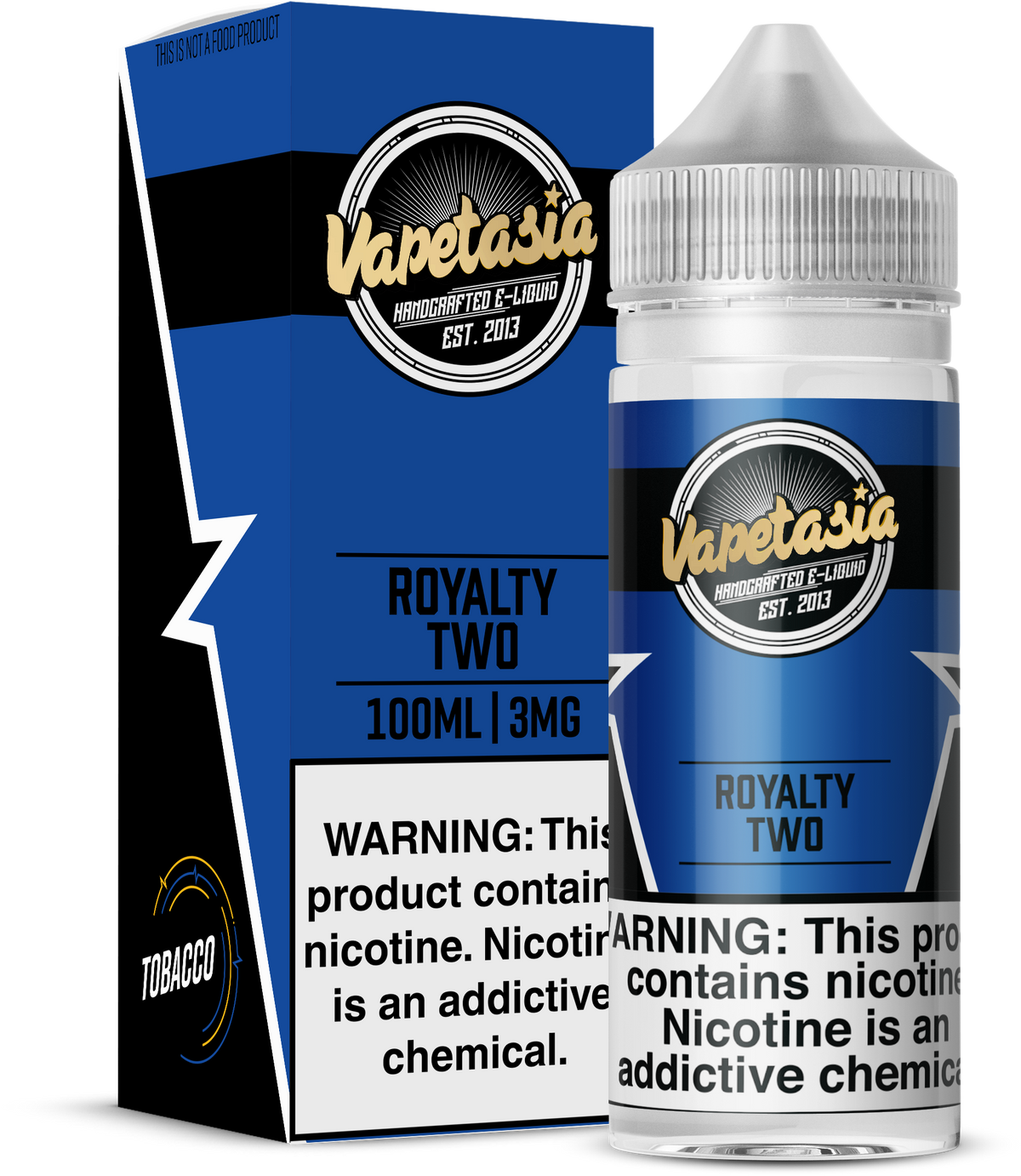 Royalty Two by Vapetasia 100ML bottle featuring a blend of vanilla custard, hazelnut, and mild tobacco flavor with a 70/30 VG/PG ratio, available in 3MG and 6MG nicotine strengths.