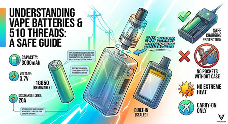 A comprehensive infographic illustration with safety checklists and performance specs, serving as a complete guide to understanding vape batteries and 510-thread connections.