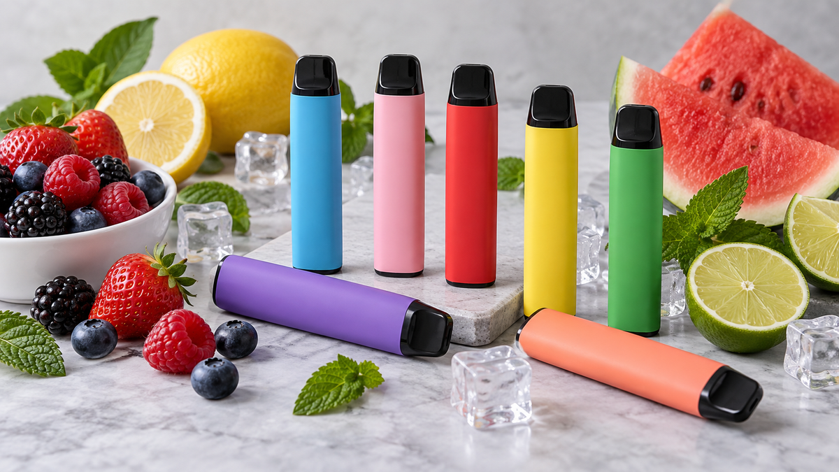 Colorful disposable vape devices with fruit and cooling flavor elements