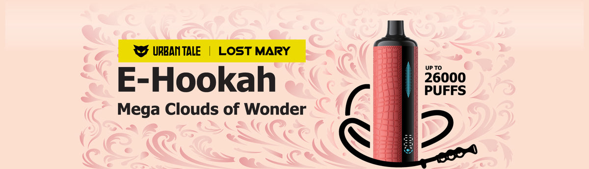 Urban Tale x Lost Mary E-Hookah disposable device, featuring sleek leather finish and high puff capacity.
