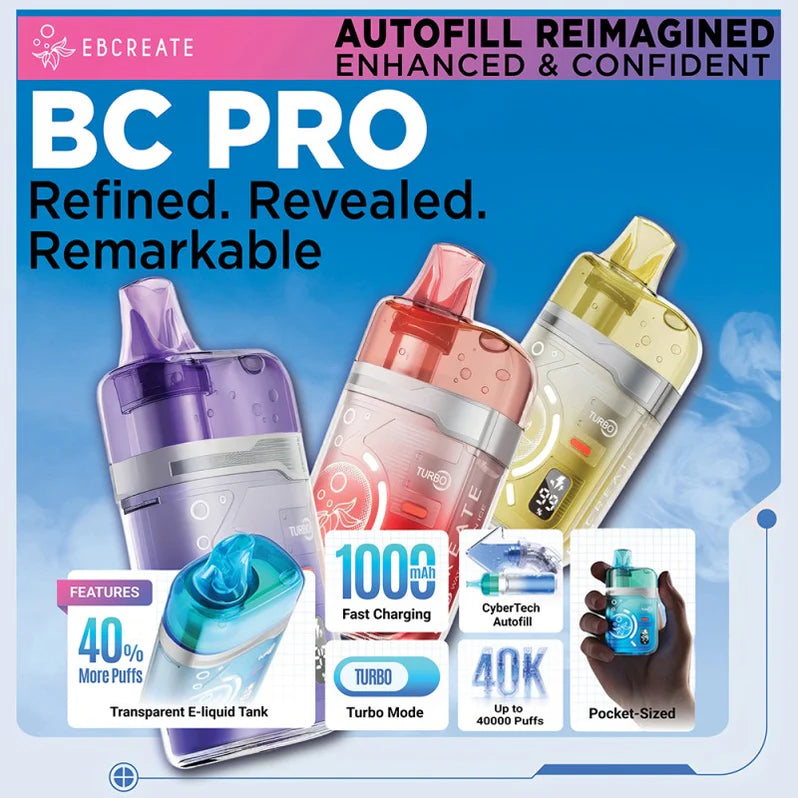 EBCREATE BC PRO 40K Disposable Device with transparent pod, digital screen, and CyberTech Auto Fill System