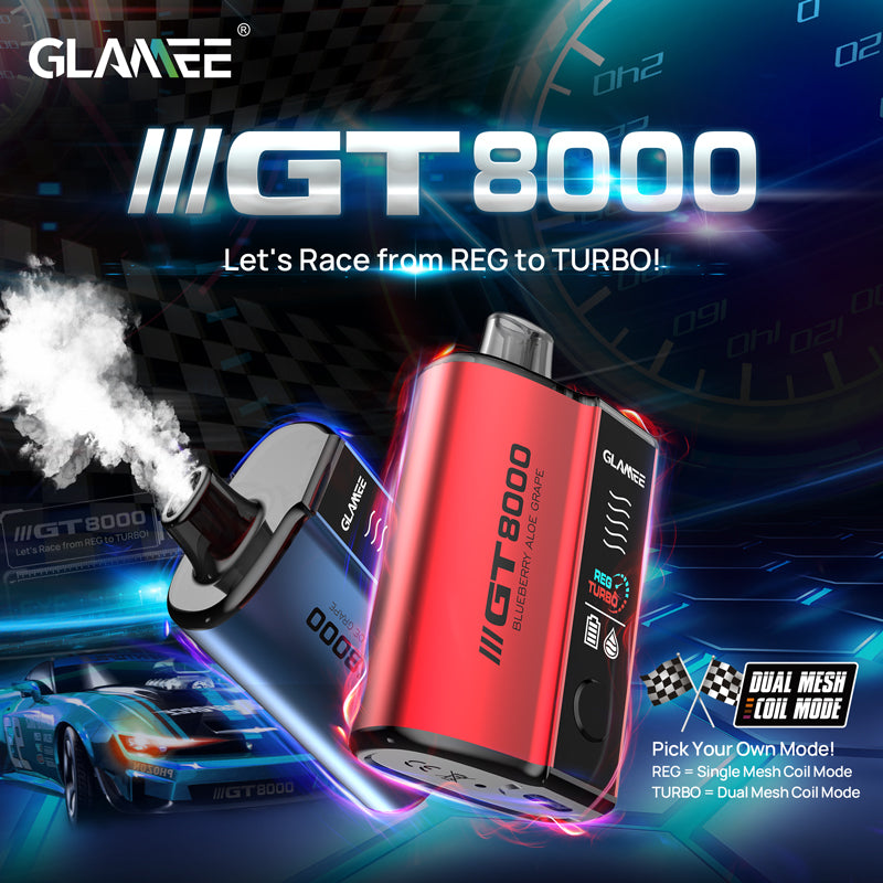 Glamee GT8000 Disposable Device – 8000 puffs, dual mesh coils, 16mL prefilled capacity, and Type-C charging.