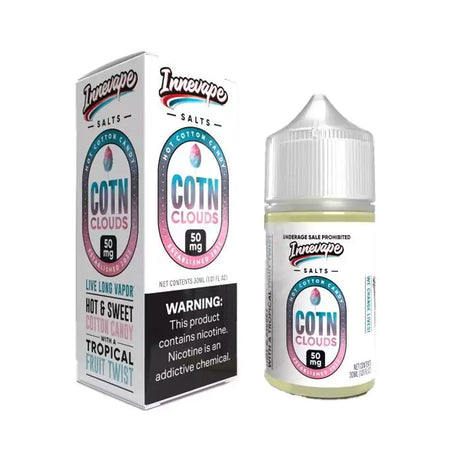 Product packaging for Innevape Salts COTN Clouds Nic Salt, featuring a 30ML bottle of e-liquid with a tropical fruit flavor, with information about nicotine content and product ingredients.