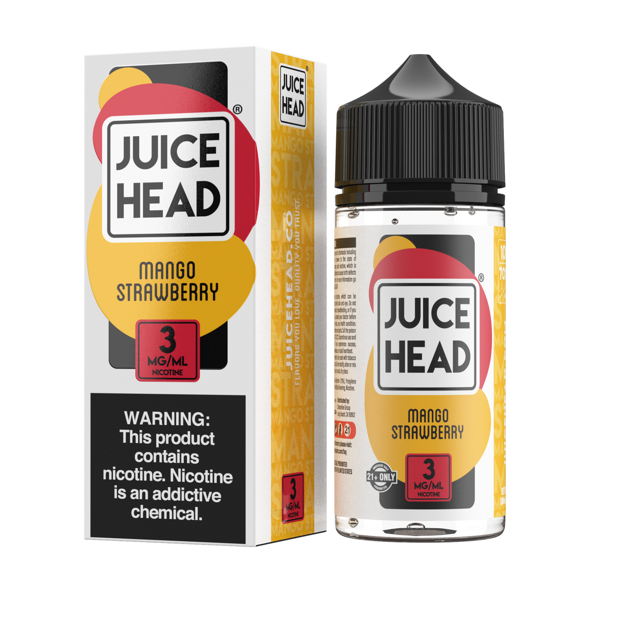 Juice Head Mango Strawberry 100mL e-liquid bottle featuring a tropical blend of mango and strawberry flavors.