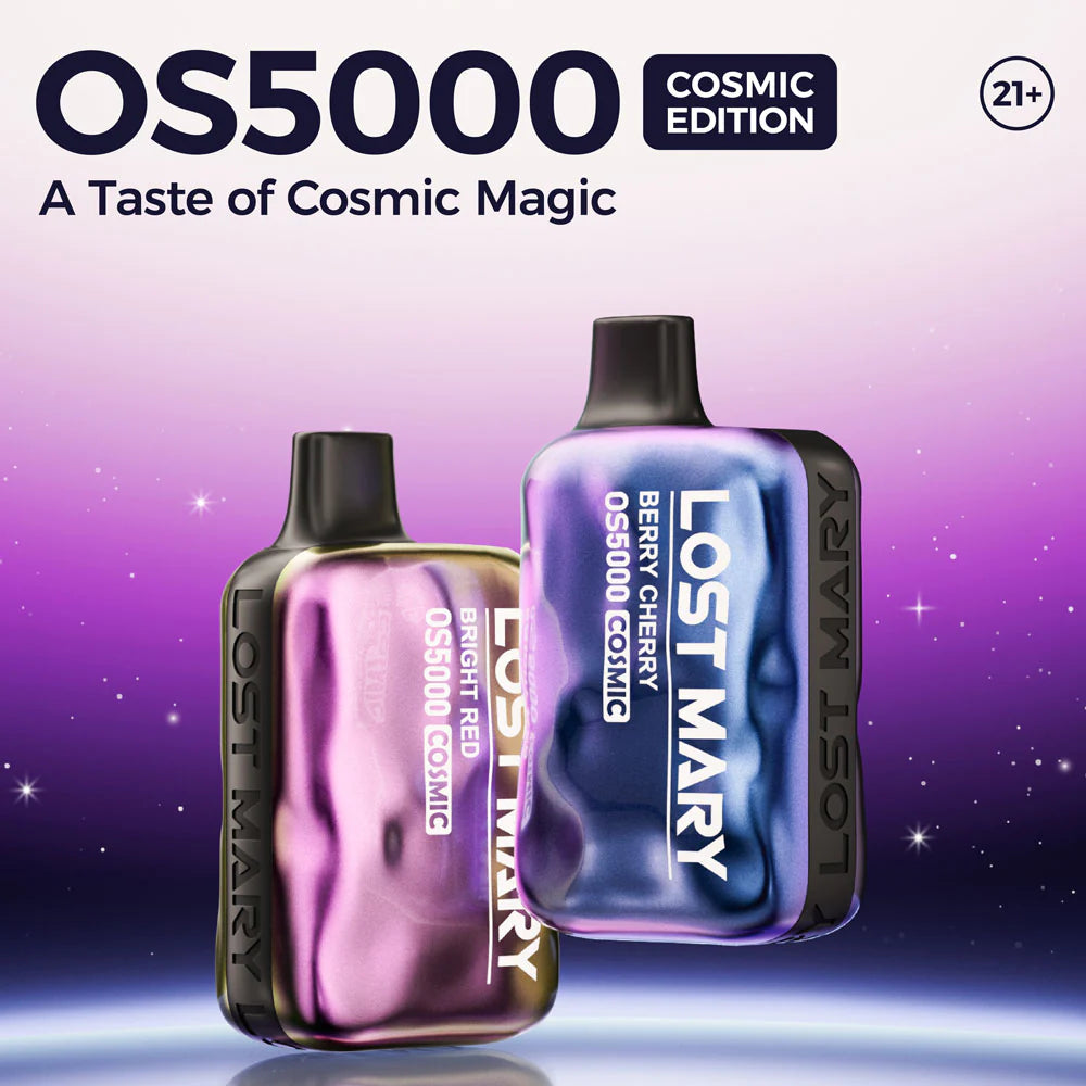 Lost Mary OS5000 Cosmic Edition Disposable Device featuring 7500 puffs, 650mAh rechargeable battery, 13mL salt nicotine capacity, and cosmic design.