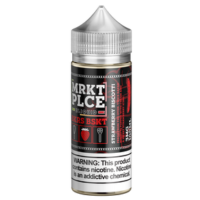 MRKTPLCE BKRS BSKT Strawberry Biscotti 100mL E-Liquid bottle featuring dessert-inspired flavors of biscotti and strawberry frosting.