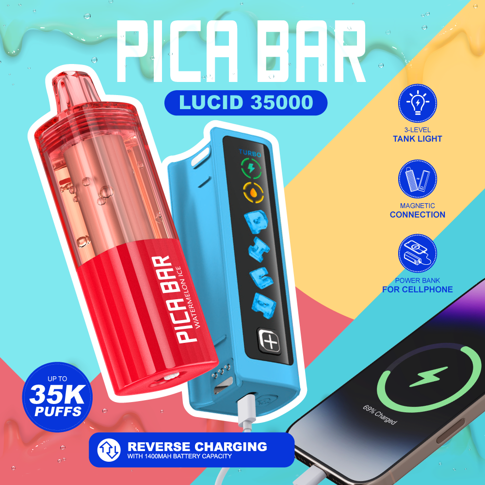 PICA BAR Lucid 35K Disposable Device with clear e-liquid pod, smart display, and reverse charging