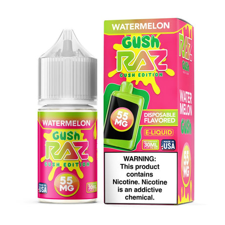 Pod Juice X RAZ Salt Watermelon Gush 30mL E-Liquid Bottle with juicy watermelon candy flavor design