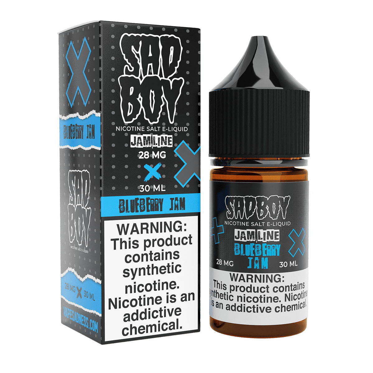 30mL bottle of SADBOY Blueberry Jam Nic Salt E-Liquid with blueberry and sugar cookie flavor.