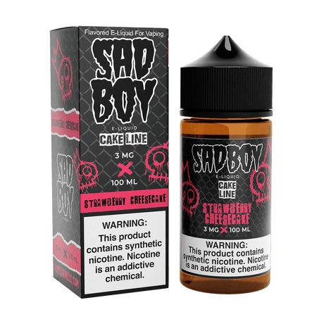 100mL bottle of SADBOY Strawberry Cheesecake e-liquid from the Cake Line Series, featuring a sweet and creamy dessert flavor with a 70/30 VG/PG ratio and available in 0mg, 3mg, and 6mg nicotine strengths.