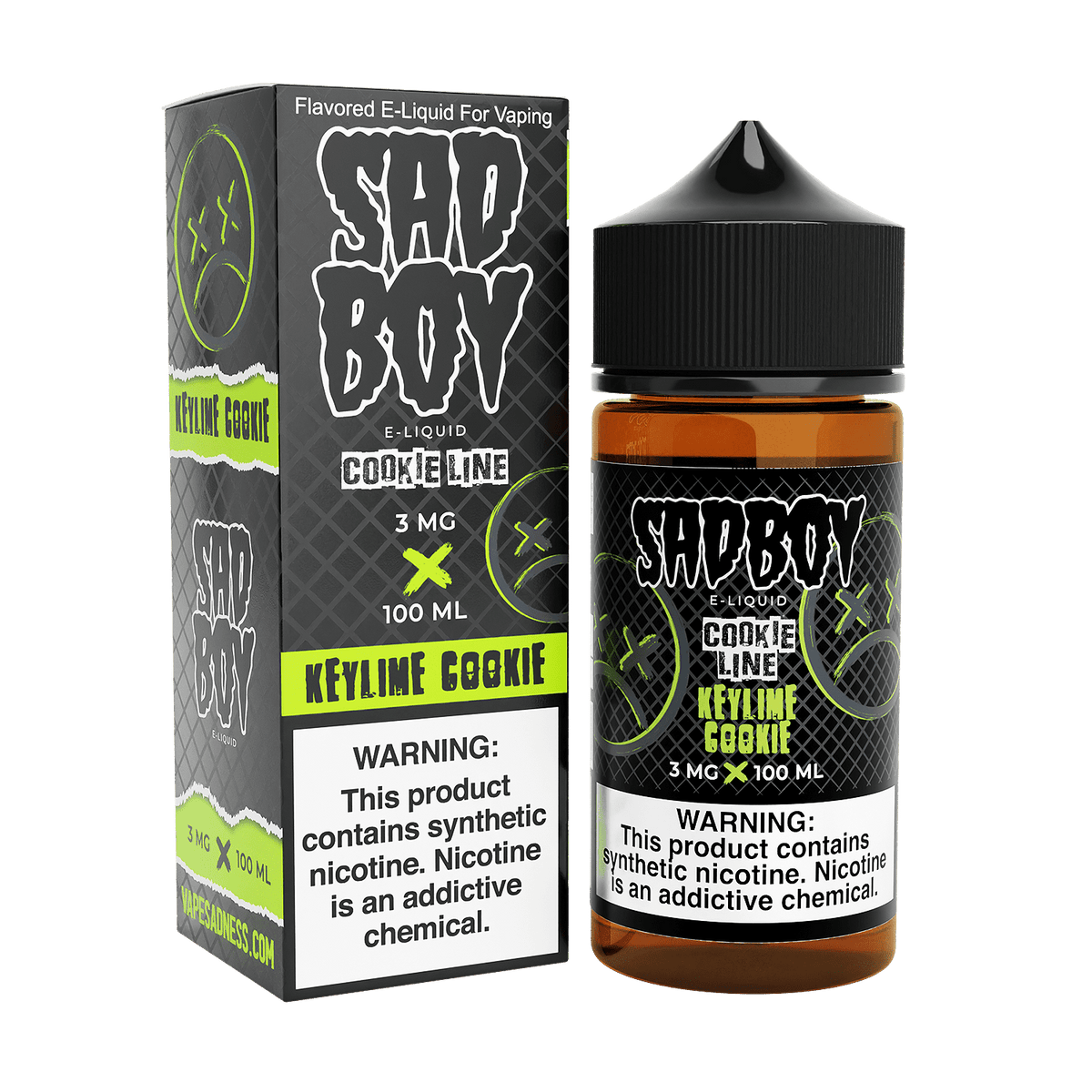 Sadboy E-Liquid Keylime Cookie 100mL bottle with citrus key lime and buttery cookie flavor, available in multiple nicotine strengths, 70/30 VG/PG blend for smooth clouds.