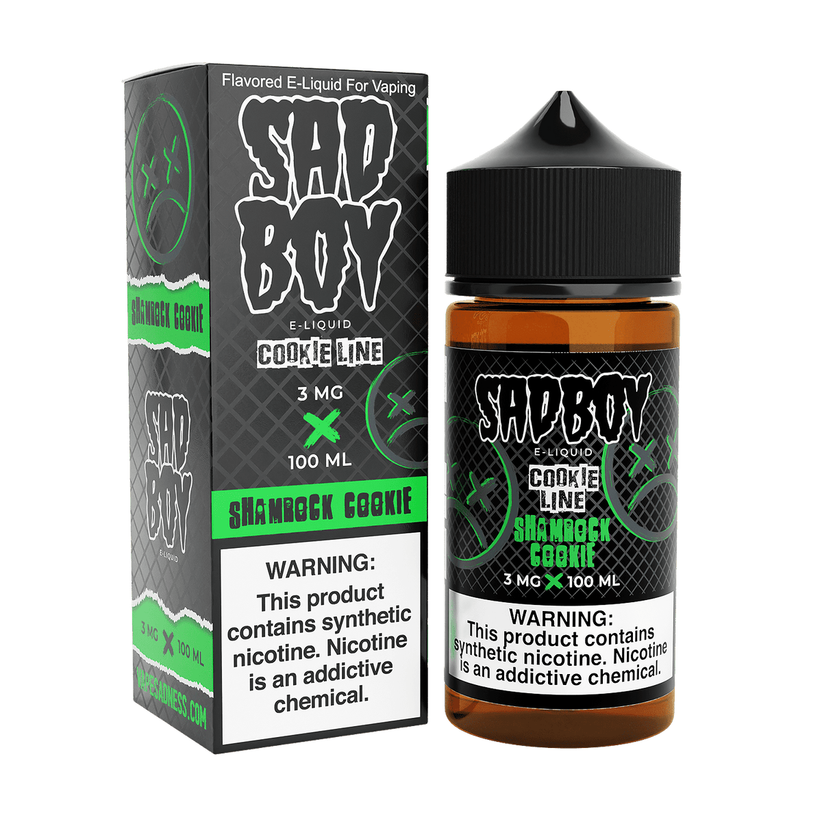 Sadboy Shamrock Cookie E-Liquid 100mL bottle, dessert-flavored e-juice with buttery cookie and mint milkshake blend, available in multiple nicotine strengths.