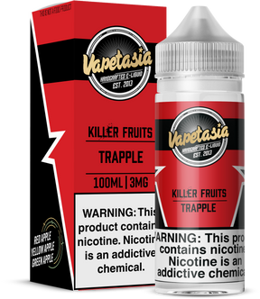 Vapetasia Killer Fruits Trapple 100ml e-liquid bottle with red, green, and golden apple flavors