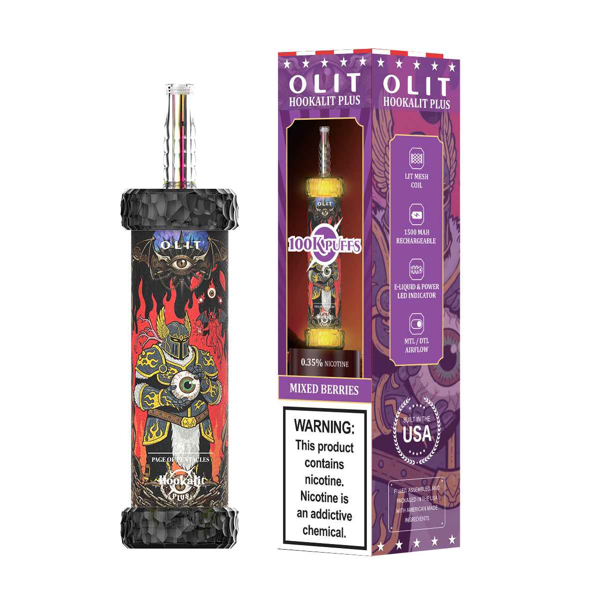 Assembled in USA | OLIT HookaLit PLUS 100K Disposable E-Hookah - 100,000 Puffs